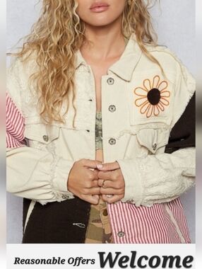POL Patchwork Denim Jacket in Cream, Pink & Black with Daisy Embroidery. Size M